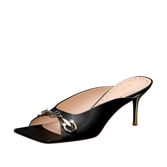 Sleek No Strap Sandals for Women Heels with Square Toe Mules and Peep Toe Leather Elegance